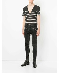 schwarzes und weißes horizontal gestreiftes T-Shirt mit einem V-Ausschnitt von Balmain