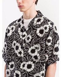 schwarzes und weißes Kurzarmhemd mit Blumenmuster von Prada