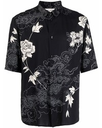 schwarzes und weißes Kurzarmhemd mit Blumenmuster von Saint Laurent