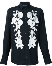 schwarzes und weißes Langarmhemd mit Blumenmuster von Alexander McQueen
