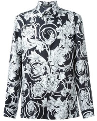 schwarzes und weißes Langarmhemd mit Blumenmuster von Versace