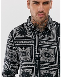 schwarzes und weißes Langarmhemd mit Paisley-Muster von New Look