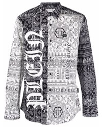schwarzes und weißes Langarmhemd mit Paisley-Muster von Philipp Plein