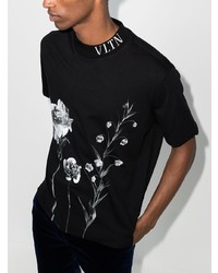 schwarzes und weißes T-Shirt mit einem Rundhalsausschnitt mit Blumenmuster von Valentino