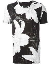 schwarzes und weißes T-Shirt mit einem Rundhalsausschnitt mit Blumenmuster von Les Hommes
