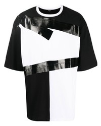 schwarzes und weißes T-Shirt mit einem Rundhalsausschnitt mit Flicken von Balmain