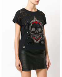 schwarzes verziertes Spitze T-shirt von Philipp Plein