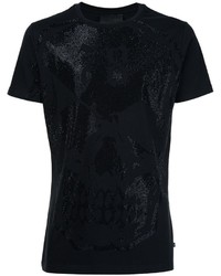 schwarzes verziertes T-Shirt mit einem Rundhalsausschnitt