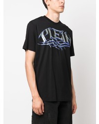 schwarzes verziertes T-Shirt mit einem Rundhalsausschnitt von Philipp Plein