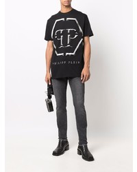 schwarzes verziertes T-Shirt mit einem Rundhalsausschnitt von Philipp Plein