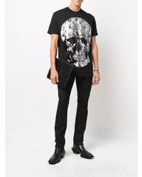 schwarzes verziertes T-Shirt mit einem Rundhalsausschnitt von Philipp Plein