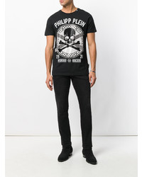 schwarzes verziertes T-Shirt mit einem Rundhalsausschnitt von Philipp Plein