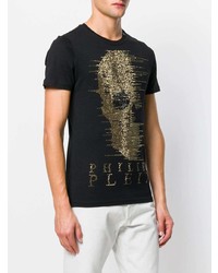 schwarzes verziertes T-Shirt mit einem Rundhalsausschnitt von Philipp Plein