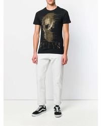 schwarzes verziertes T-Shirt mit einem Rundhalsausschnitt von Philipp Plein