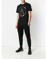 schwarzes verziertes T-Shirt mit einem Rundhalsausschnitt von Philipp Plein