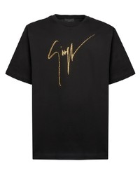schwarzes verziertes T-Shirt mit einem Rundhalsausschnitt von Giuseppe Zanotti