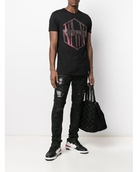 schwarzes verziertes T-Shirt mit einem Rundhalsausschnitt von Philipp Plein