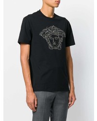 schwarzes verziertes T-Shirt mit einem Rundhalsausschnitt von Versace