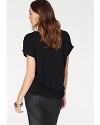 schwarzes verziertes T-Shirt mit einem Rundhalsausschnitt von Melrose