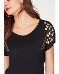 schwarzes verziertes T-Shirt mit einem Rundhalsausschnitt von Melrose