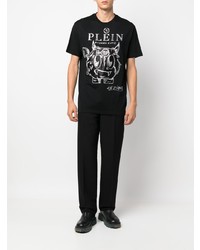 schwarzes verziertes T-Shirt mit einem Rundhalsausschnitt von Philipp Plein