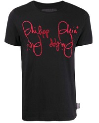 schwarzes verziertes T-Shirt mit einem Rundhalsausschnitt von Philipp Plein