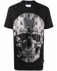 schwarzes verziertes T-Shirt mit einem Rundhalsausschnitt von Philipp Plein