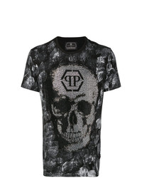 schwarzes verziertes T-Shirt mit einem Rundhalsausschnitt von Philipp Plein