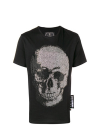 schwarzes verziertes T-Shirt mit einem Rundhalsausschnitt von Philipp Plein