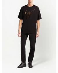 schwarzes verziertes T-Shirt mit einem Rundhalsausschnitt von Giuseppe Zanotti