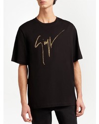 schwarzes verziertes T-Shirt mit einem Rundhalsausschnitt von Giuseppe Zanotti