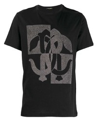 schwarzes verziertes T-Shirt mit einem Rundhalsausschnitt von Roberto Cavalli