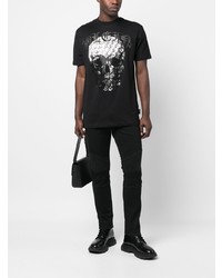 schwarzes verziertes T-Shirt mit einem Rundhalsausschnitt von Philipp Plein