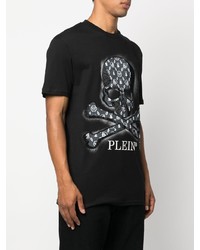 schwarzes verziertes T-Shirt mit einem Rundhalsausschnitt von Philipp Plein