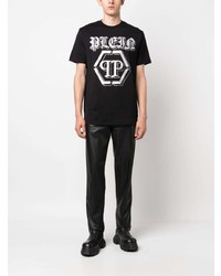 schwarzes verziertes T-Shirt mit einem Rundhalsausschnitt von Philipp Plein