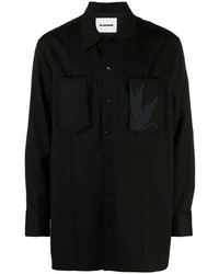 schwarzes verziertes Wolllangarmhemd von Jil Sander