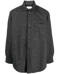 schwarzes Wolllangarmhemd mit Hahnentritt-Muster