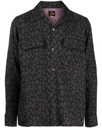 schwarzes Wolllangarmhemd mit Leopardenmuster von Needles