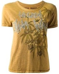 senf bedrucktes T-Shirt mit einem Rundhalsausschnitt