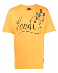 senf besticktes T-Shirt mit einem Rundhalsausschnitt von Fendi