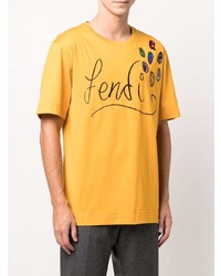 senf besticktes T-Shirt mit einem Rundhalsausschnitt von Fendi