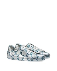 silberne bedruckte Leder niedrige Sneakers von Gucci