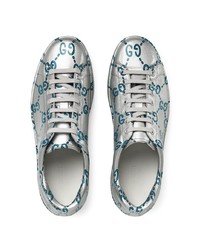 silberne bedruckte Leder niedrige Sneakers von Gucci