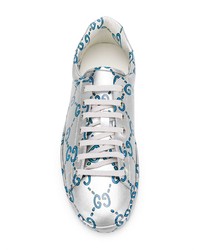 silberne bedruckte Leder niedrige Sneakers von Gucci