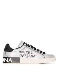 silberne bedruckte Leder niedrige Sneakers von Dolce & Gabbana
