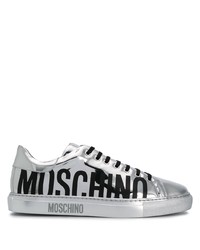 silberne bedruckte Leder niedrige Sneakers von Moschino