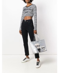 silberne bedruckte Shopper Tasche aus Leder von Karl Lagerfeld