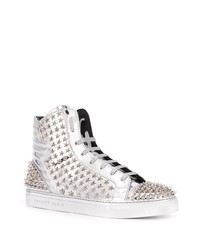 silberne beschlagene hohe Sneakers aus Leder von Philipp Plein