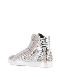 silberne beschlagene hohe Sneakers aus Leder von Philipp Plein