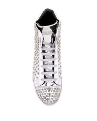 silberne beschlagene hohe Sneakers aus Leder von Philipp Plein